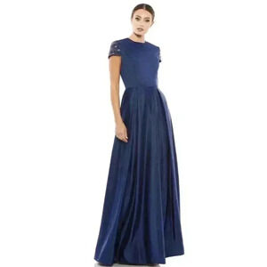 Mac Duggal Gown Dress 16 Embellished Beaded Cap Short Sleeve Navy A-Line Evening